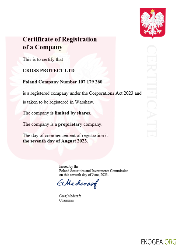 Modèle Word et PDF de certificat d'enregistrement d'entreprise en Pologne